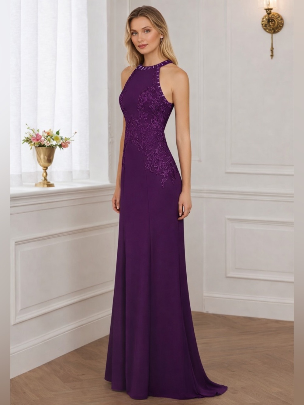 Plum Purple Lace Appliqué Beaded Halter Gown |  Formal Dress | Wedding Guest - Picture 7 of 13